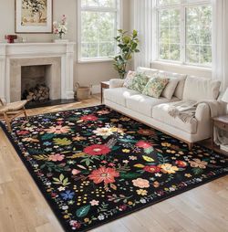 6x9 Black Area Rugs for Living Room, Floral Vintage Washable Rug Boho Non Slip Large Rugs, Low Pile Carpet Spring Decor for Bedroom Dining Room Kids P