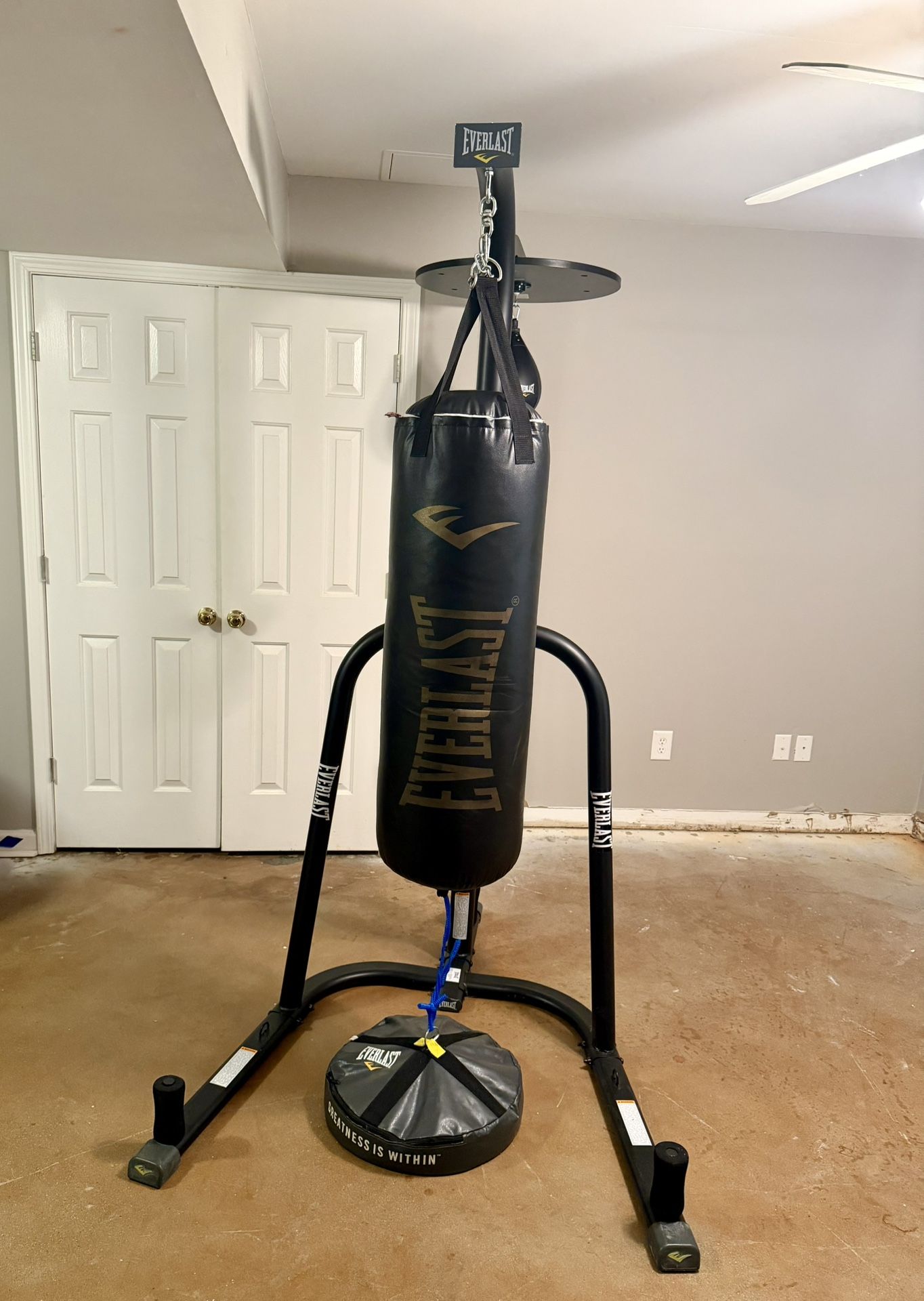Everlast PowerCore Dual Station Heavy Bag Stand + 80 lb Nevatear Bag + Speed Bag + Base Weight