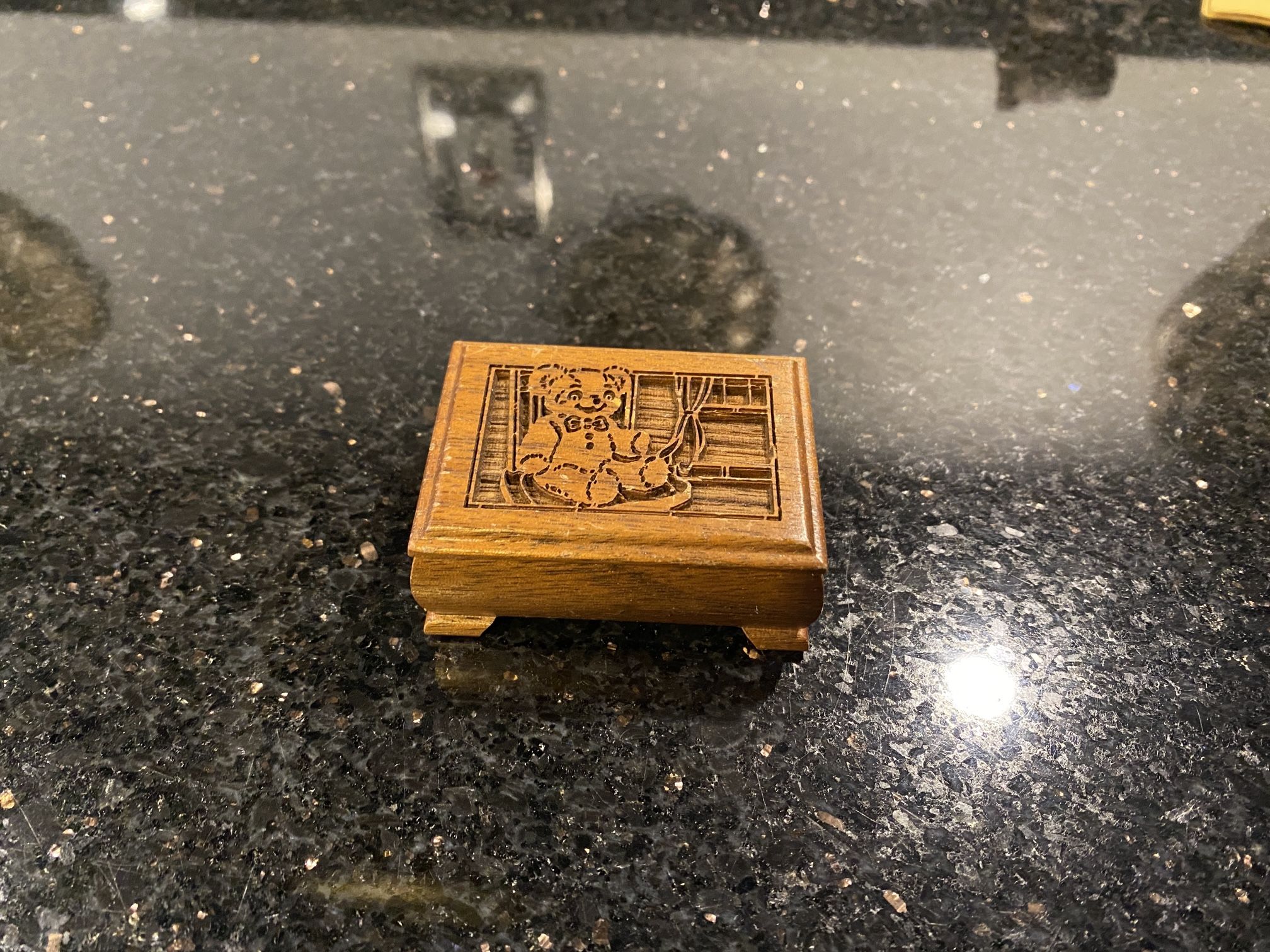 Vintage Music Box Carved Wood Embossed Cutout Teddy Bear "It's a small world"