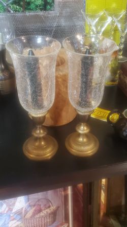Rams Head Crackle Glass / Brass Candle Holders 