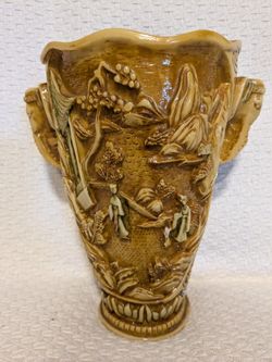 VTG Asian Japanese Chinese Hand Carved Resin Vase W/ Elephant Handles ~ 9.25" Tall