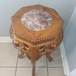 Vintage Carved Wood And Octagonal Pink Marble Plant/Side Table