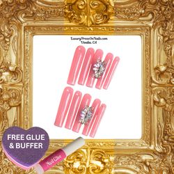 X long Sheer Pink Rhinestone Flower Press On Nails 10 Pc Set - FREE GLUE & BUFFER