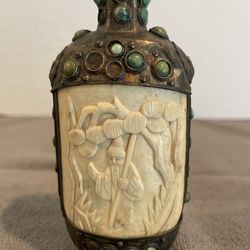 Antique Tibetan Bone and Turquoise Snuff Bottle with Carve Plaques 