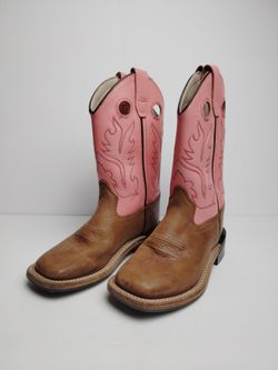 Old West Cowgirl Boots Leather Pink Tan Double Stitch Youth Girl Size 10 M/D
