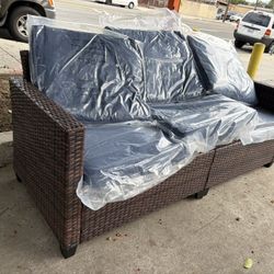 3-Seat Patio Couch, All-Weather Wicker Sofa Outdoor Patio Furniture for Deck Backyard, Dark Blue