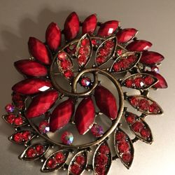Large  Vintage  Ruby Red Brooch  Gold  Tone