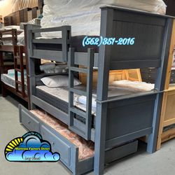 Triple Twin Grey Bunk Bed With Mattresses Colchones Trundle 