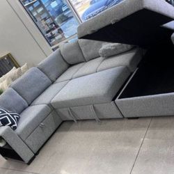 ✅️✅️4 pc Grey boucle fabric sectional sofa with storage chaise and love seat and pop up sleep area in center drop down tray tables✅️✅️✅️