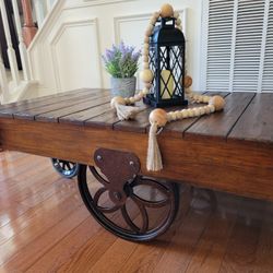 Rustic Solid Wood Coffee Table On Wheels 