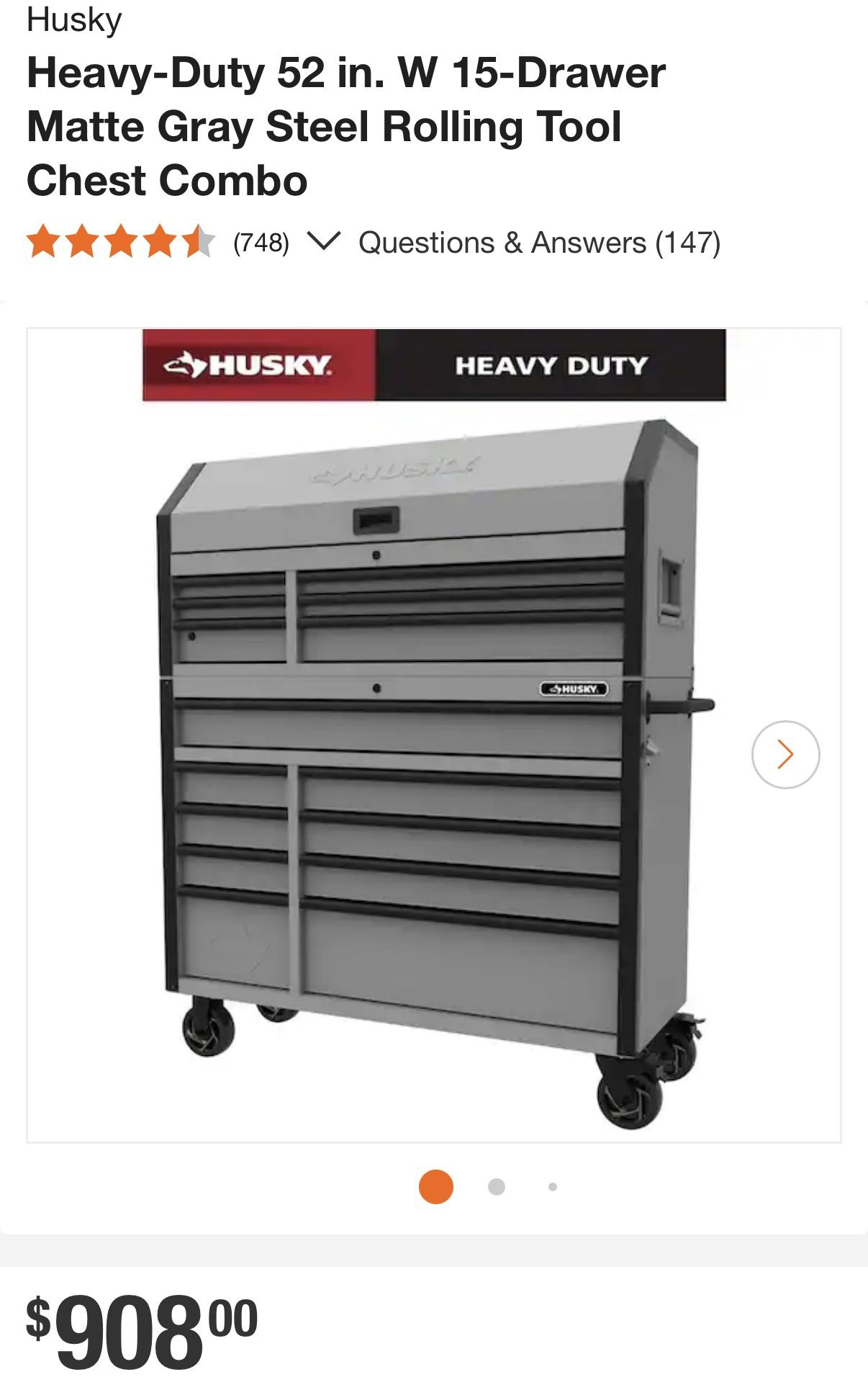 Husky Heavy-Duty 52 in. W 15-Drawer Matte Gray Steel Rolling Tool Chest Combo