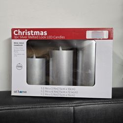 Flameless Flickering Led 3 pack Silver Christmas Pillar Candle Set