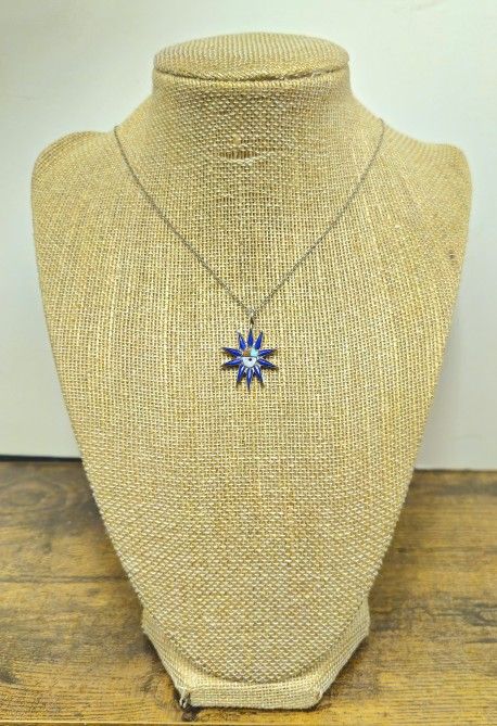 Zuni lapis lazuli inlay charming vintage spiky sun face pendant Sterling Silver Necklace