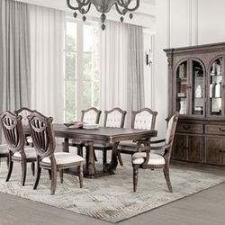 FORMAL 9 PIECE DINING TABLE SET WEATHRED OAK FINISH TALBE AND SIDE ARM CHAIRS ONLY