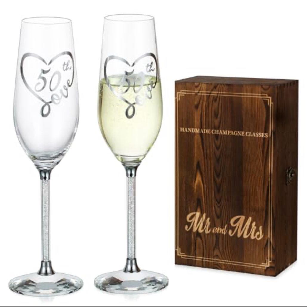 NUPTIO Champagne Flutes Glasses 50th: Set Of 2 Silver Crystal Toasting Flute With Wooden Gift Box Engraved Wine Glass For Birthday Party Table Decorat