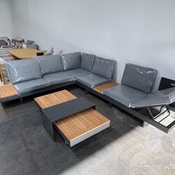Tevara 4-Piece Outdoor Teak & Aluminum Modular Sofa Set For 6 In Gray/ Beige