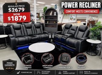 SOFA SET POWWR RECLINER WITH DROP DOWN CONSOLE FIR DRINK HOLDER YSB CHARGING PORTS