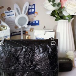 SAINT LAURENT YSL Niki Silver Chain Black Label Logo Vintage Pleated Calfskin Wandering Bag Crossbody Shoulder Bag(139)23