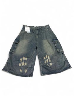 Washed Denim Cargo Shorts with Paw Print