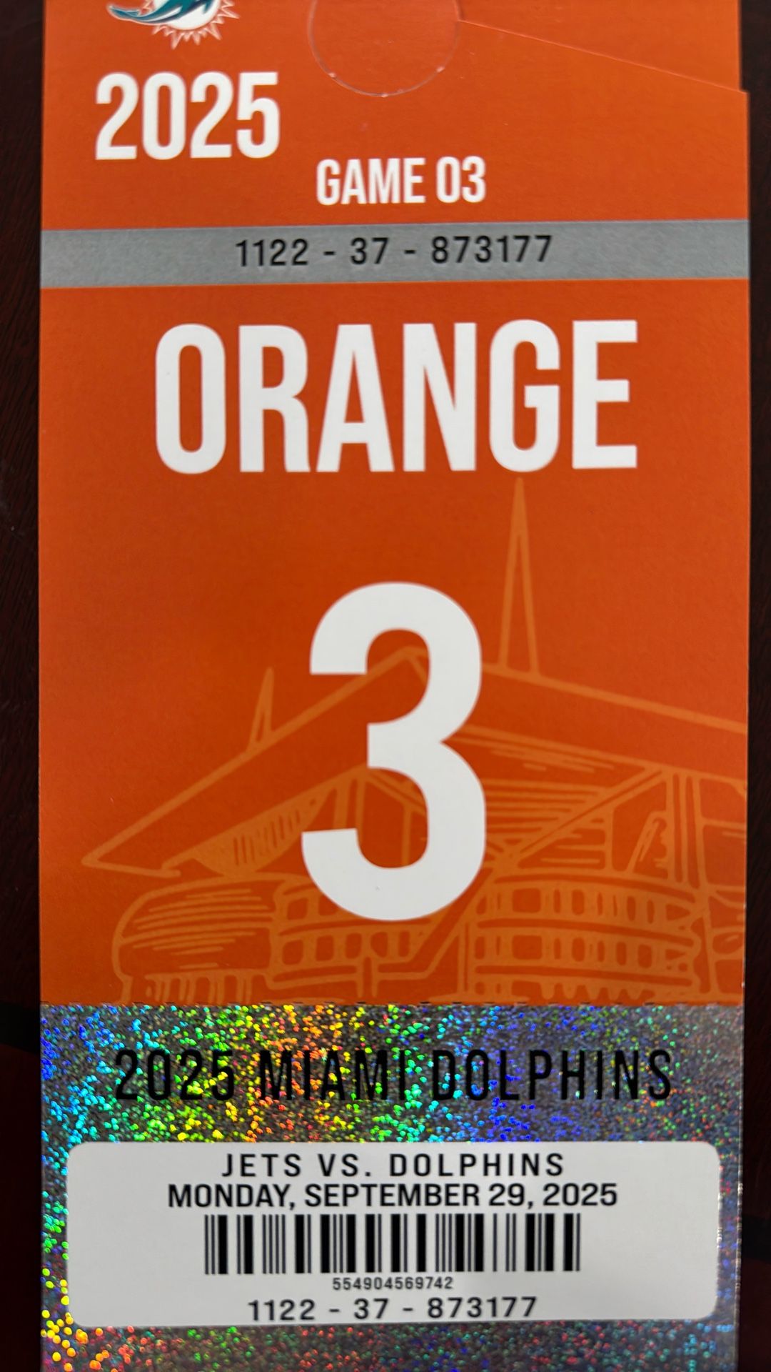 Orange Parking pass for Miami Dolphins Vs New York Jets