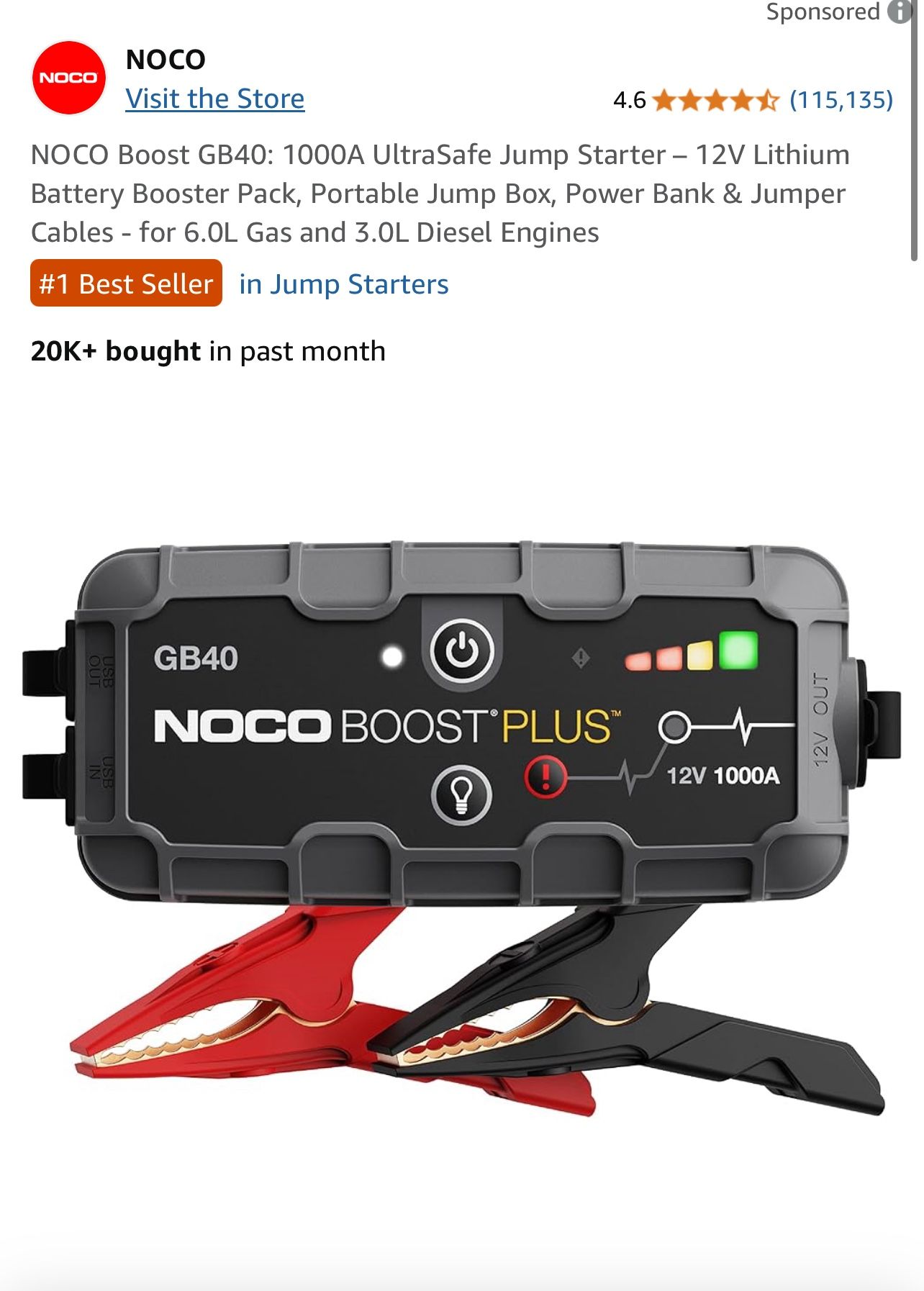 NOCO Boost GB40: 1000A UltraSafe Jump Starter – 12V Lithium Battery Booster Pack, Portable Jump Box, Power Bank & Jumper Cables - for 6.0L Gas and 3.0