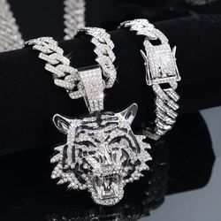 3-Pcs Men's Iced Out 14K White Gold-Plated Cubic Zirconia Tiger Head Pendant With Cuban chain Necklace & Bracelet Set