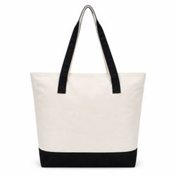 Canvas Tote Bag 18.5x15 – Zipper Pocket, Black Handles, Halloween Party Market Bag