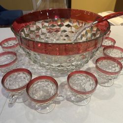 RUBY RED GLASS punch Bowl Set With 12 Cups.  No Damage
