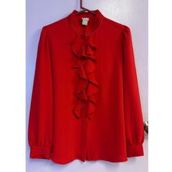 Chico's Red Ruffle Button Down Long Sleeve Top size 2 