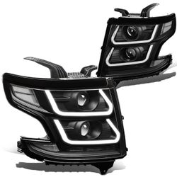Brand New DNA MOTORING HL-3D-SUB15-BK-CL1 Black Clear Dual Projector Headlights With 3D LED Running Light Replacement For 15-20 Tahoe