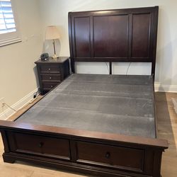Queen Size Wood Platform Bed W/ Sleigh Headboard, Footboard with 2 Drawers
