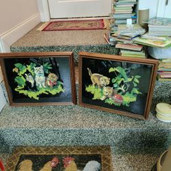 PAIR OF MCM SHABBY CHIC PAINT BY NUMBER KITTENS ON BLACK VELVET 