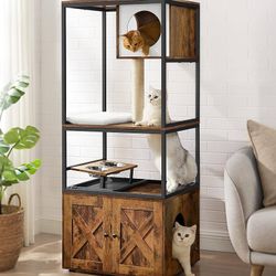 Cat Tree Scratching Post Cat House with Litter Compartment Raised Bowl Stand Sisal Post Washable Mat Vintage Brown PCT312X01
