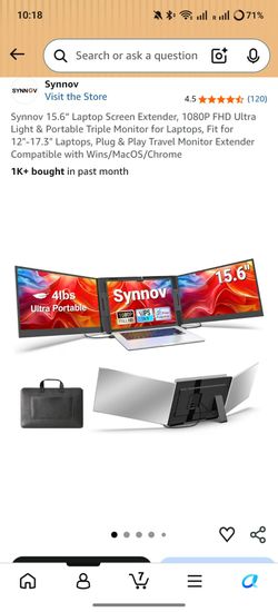 Synnov 15.6“ Laptop Screen Extender, 1080P FHD Ultra Light & Portable Triple Monitor for Laptops, Fit for 12"-17.3" Laptops, Plug & Play Travel Monito
