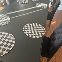 painted black wood Table and 6 parson chairs 