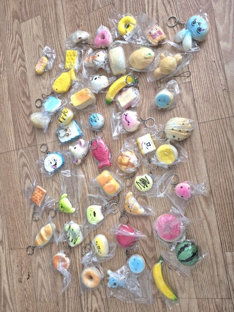 Lot Of 50 Squishies Key Chains - Hello Kitty, Donuts, Panda, Food, Etc