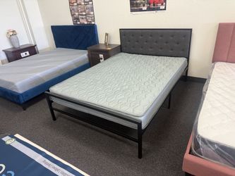 Metal Bed Frame with Tufted Upholstered Headboard