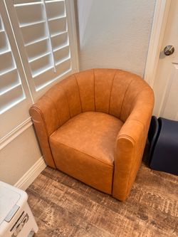 Tan Leather Barrel Accent Chair