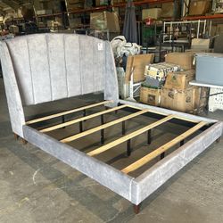 New California King Gray Velvet Bed Frame