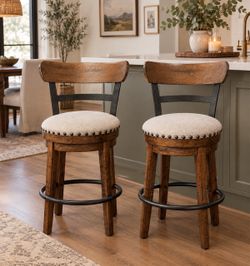 Set of 2 Rustic Wood Swivel Counter Stools
