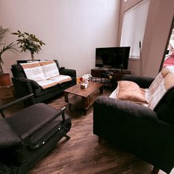 2 Black Suede Loveseat Sofa