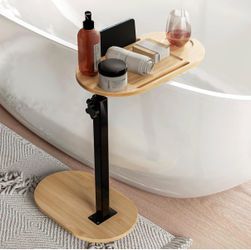 Yumkfoi Bamboo Bathtub Tray Table with Adjustable Height, Freestanding Bath Caddy Tray for Tub Against Wall, Bathtub Side Table for Luxury Bath Home S