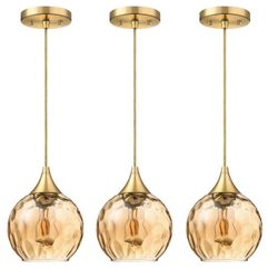 (Brand New in Box)  6.25" Texture Amber Glass Pendant Light 3 Pack Pendant Ceiling Light Fixtures Gold Finish Modern Farmhouse Dinning Over Sink Adjus
