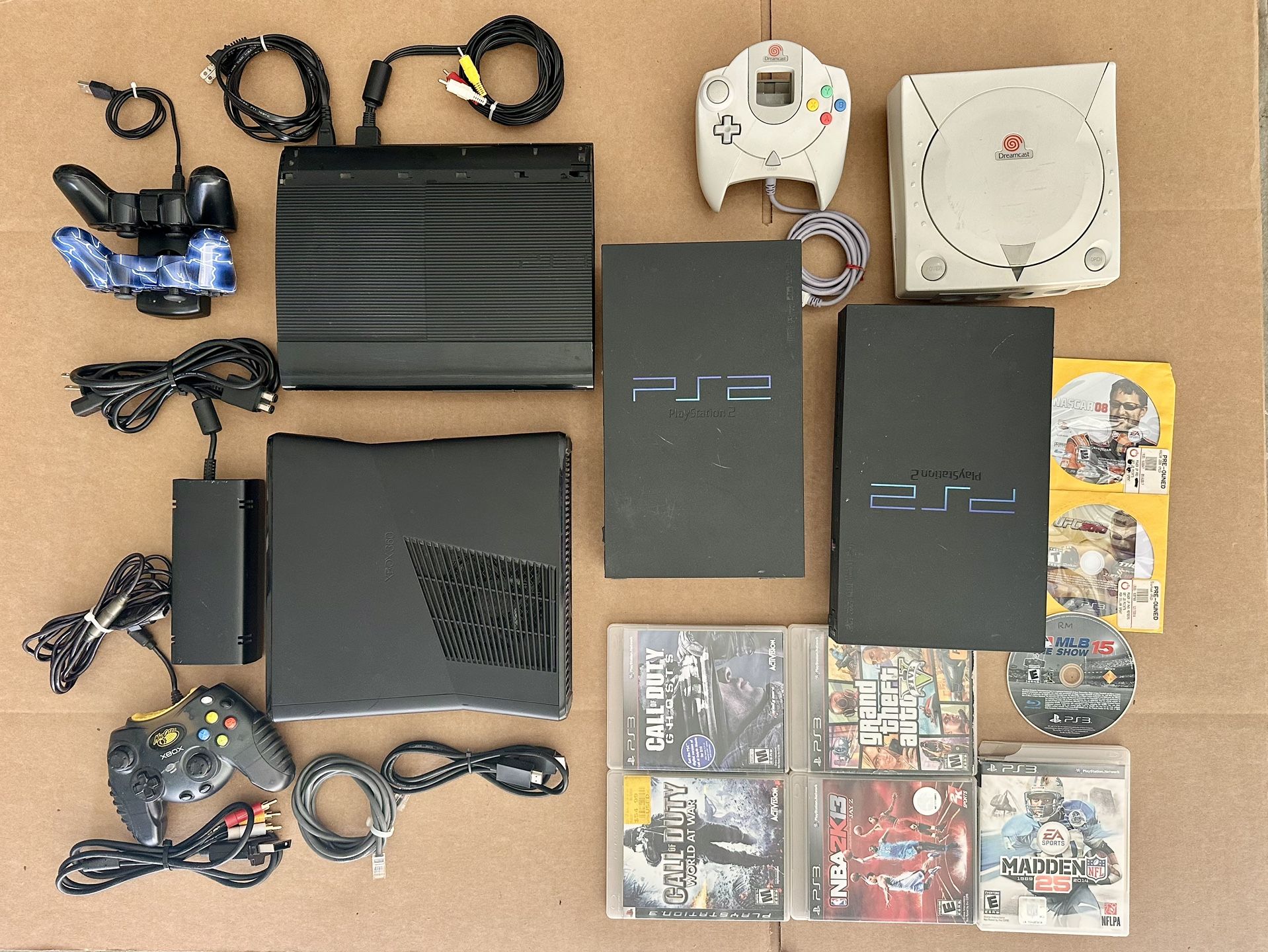 Sony PS2 & PS3, Xbox 360, Sega Dreamcast Consoles + Games & Controllers Lot β Untested