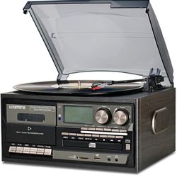 Vinyl Record Player 9 in 1 3 Speed Bluetooth Vintage Turntable CD Cassette Player AM/FM Radio USB Recorder Aux-in RCA Line-Out (Black Edition)