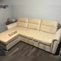 Velvet Fabric Reversible Sleeper Sectional Sofa Chaise - New Year Sale 