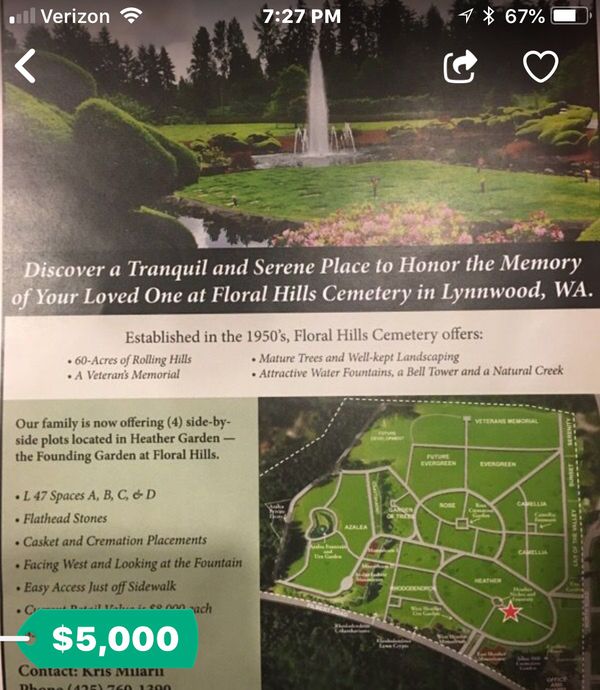 4 Side By Side Cemetery Plots Floral Hills For Sale In Lake