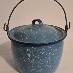Vintage Graniteware Blue Enamel 5" Lidded Pot