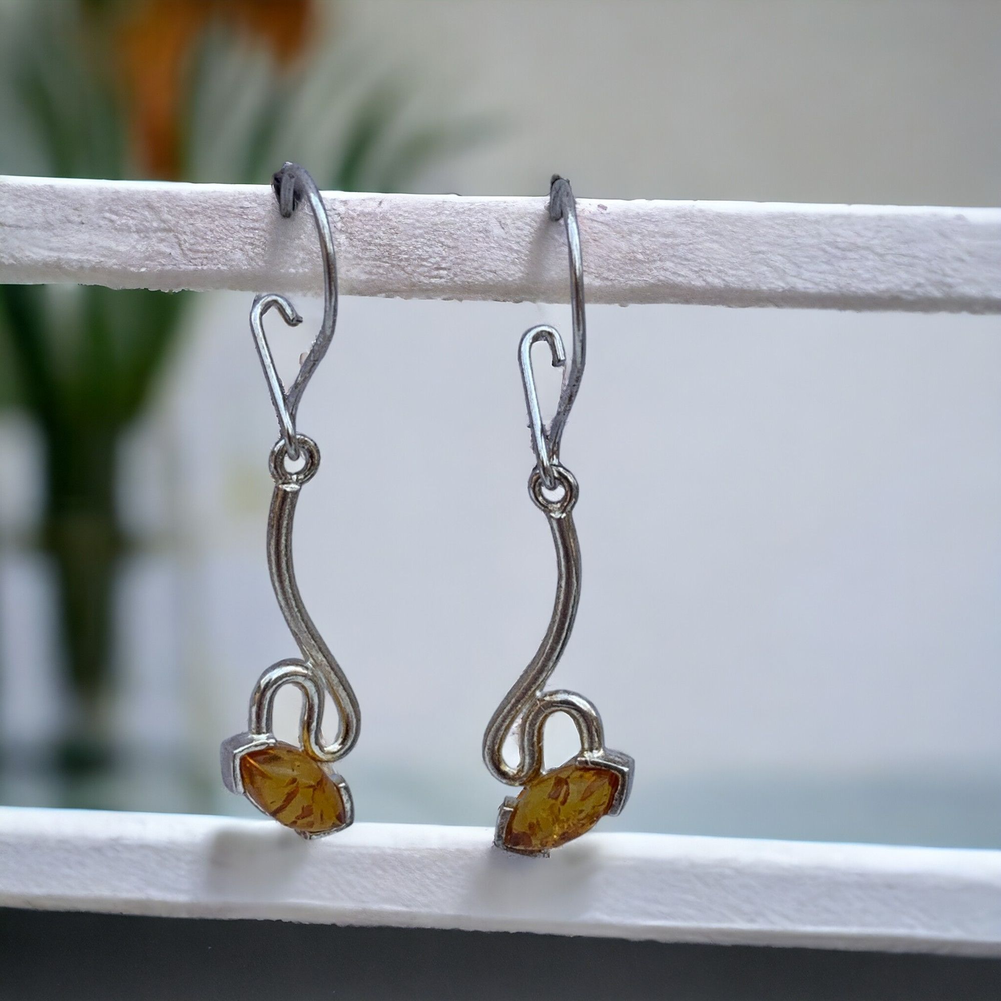 Sterling Silver 925 Marquise Yellow Amber Drop Dangle Earrings
