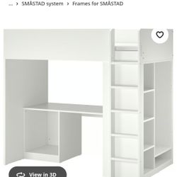 Loft bed frame, desk and storage, white